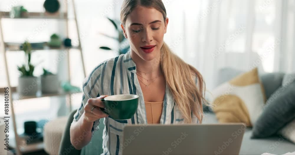 Aufkleber student, coffee and woman with laptop in home for research, studying and elearning for project. educ