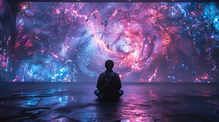 The image shows a person sitting in a dark place, with a bright, colorful galaxy in front of him