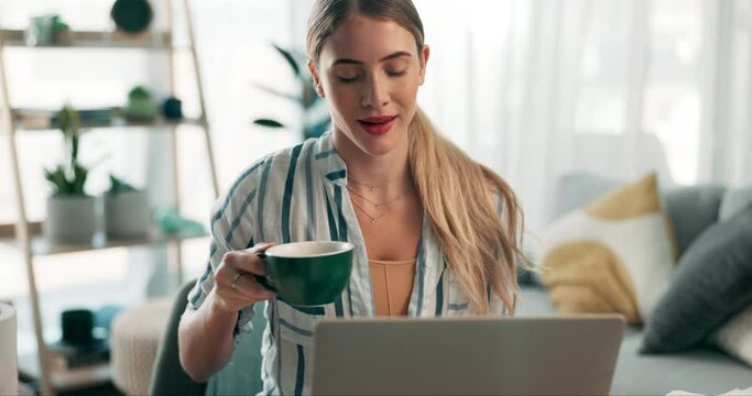 Student, coffee and woman with laptop in home for research, studying and elearning for project. Education, university and person on computer for remote work, online course and website with drink