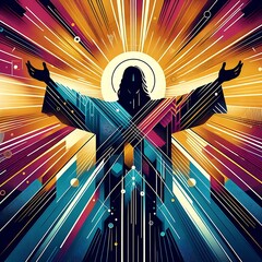 A jesus christ with arms out and a bright sun behind him art lively has illustrative attractive.