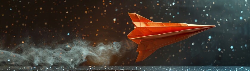The red paper plane flies through space among the stars.