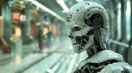 Fototapeta premium The robot is walking down the street. It looks like a human, but its face is made of metal. It is wearing a long black coat and a hat. It is carrying a briefcase.