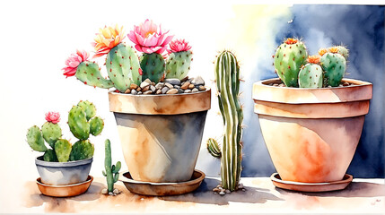 Cactus potted, watercolor painting.