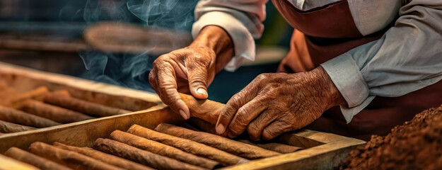 Masterful Hands Crafting Quality Cigars. Expert hands of a cigar maker at work, arranging freshly rolled cigars on a wooden surface, surrounded by tools of the trade, under warm lighting.