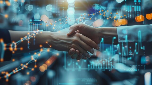 Handshake in a biotech lab, overlaid with DNA analysis and stock market graphs - Powered by Adobe
