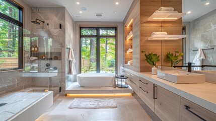 High-detail photo of a contemporary bathroom with a large mirror, floating shelves, and modern fixtures