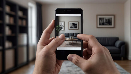 A person holding a phone with an augmented reality app showing a living room.