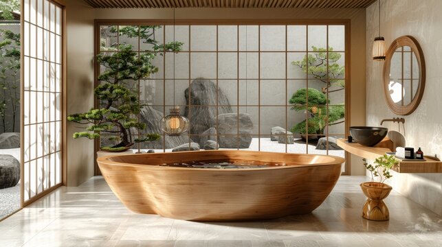 High-detail photo of a contemporary Japanese bathroom with a hinoki wood tub, natural stone accents, and minimalist design