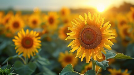 Obraz premium A field of sunflowers with their heads turned towards the sun.