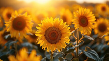 Obraz premium A field of sunflowers with their heads turned towards the sun.