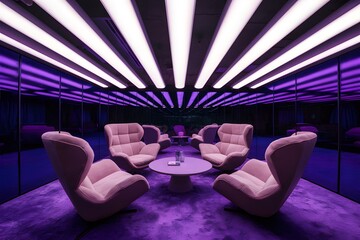 Sleek, modern interior with futuristic lighting and luxurious seating in vibrant colors