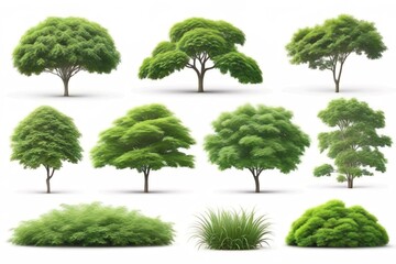 collection of green trees isolated on white background.