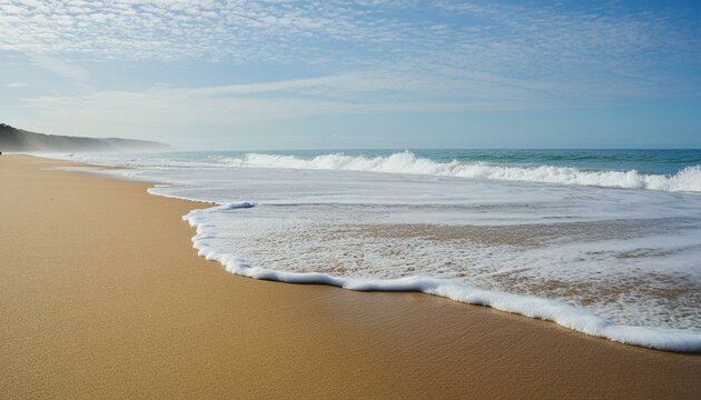 beach in the morning with light blue ocean waves and light sky, with light detailed sand and ocean foam in the foreground offer - backdrop for announcements, promotions for web and social media