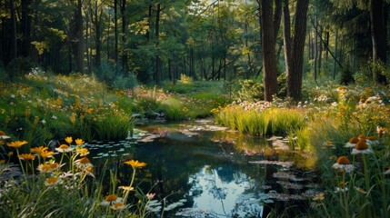 High-detail photo of a forest-style garden with tall trees, wildflowers, and a natural pond