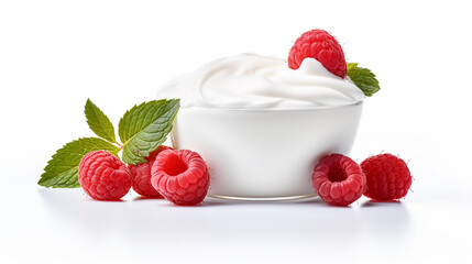 Yogurt in a cup  with strawberry raspberry and mint leav on  white background.