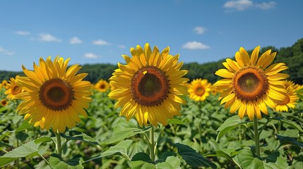 Obraz premium A field of tall sunflowers under a clear blue sky.