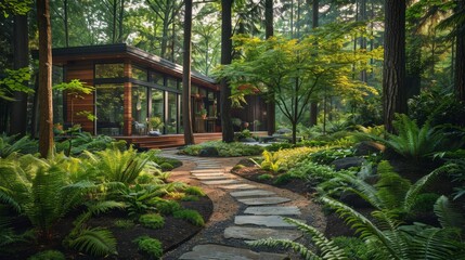 High-detail photo of a forest-style home garden with tall trees, lush ferns, and a winding stone path