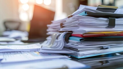 neat stack of important business documents and papers on office desk administration and paperwork concept