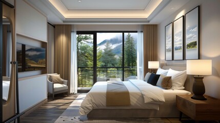 A modern hotel room features a large bed, wall art, lamps, a TV, and a balcony with a stunning mountain view, illuminated by natural daylight.