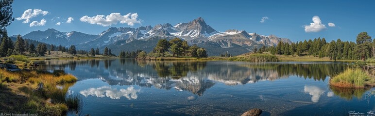 Fototapeta premium Escaping the Summer Heat: Serene Glacial Landscapes Amid the Dramatic Peaks of Lassen Volcanic National Park. Breathtaking 4K Wallpaper for Nature, Exploration, and Adventure Enthusiasts.