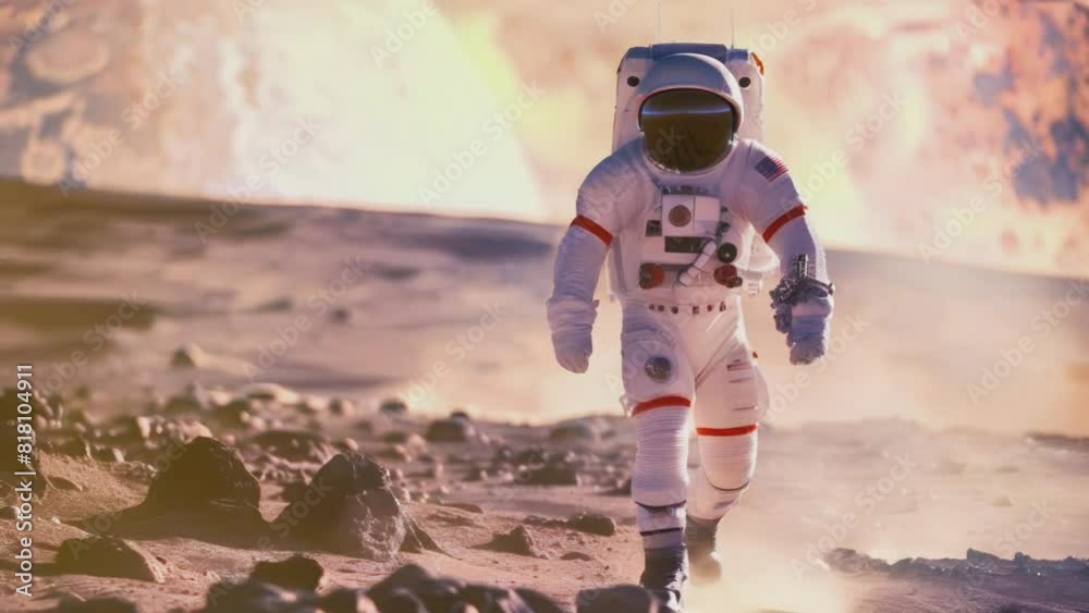 Wall mural an astronaut of the future stands on an unknown alien planet. a man in a spacesuit on an alien plane