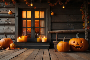Obraz premium Background with halloween pumpkins, candles and autumn leaves on wooden house porch