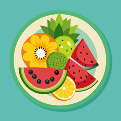 Bowl with pieces of pineapple, watermelon, and citrus. Flat illustration on a green background. Summer fruits and healthy eating concept. Design for poster, banner, print.