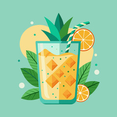 "Glass with pineapple drink and leaves. Flat illustration on a turquoise background. Summer drinks and refreshing cocktails concept. Design for poster, banner, print.