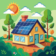 House with solar panels surrounded by trees. Flat illustration on a green background. Renewable energy and eco-friendly construction concept. Design for poster, banner, print.