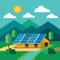 House with solar panels surrounded by trees. Flat illustration on a green background. Renewable energy and eco-friendly construction concept. Design for poster, banner, print