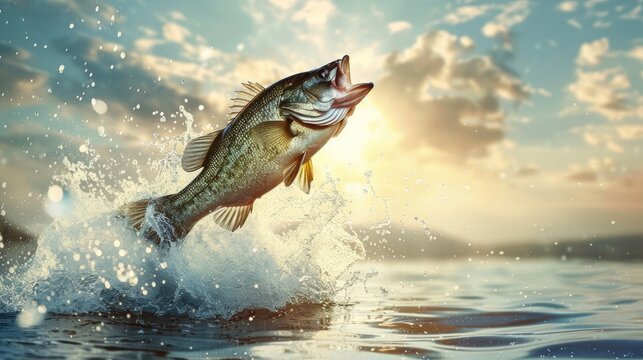 A largemouth bass jumping out of the water with a sunset in the background. AIG51A.