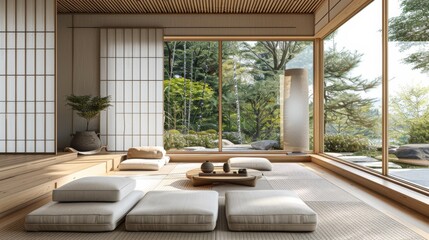 High-detail photo of a Japanese-style living room with a low-profile sofa, floor cushions, and a bamboo floor