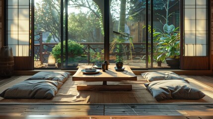 High-detail photo of a Japanese-style living room with a low wooden table, floor cushions, and a clean, serene decor
