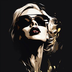 A beautiful blonde woman wearing sunglasses with red lips