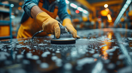 The mechanic works with a grinding tool. Sanding of car elements. Garage painting car service. Repairing car section after the accident.