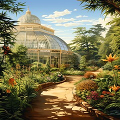 View of a botanical garden be beautiful with a large glass dome greenhouse
