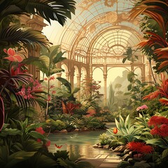 A beautiful botanical garden with a pond, flowers, and palm trees. The light shines through the glass roof.