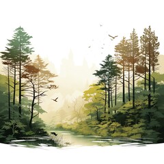 Create a watercolor painting of a heron flying over a river in a pine forest
