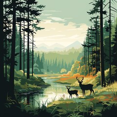 A beautiful landscape with river running through the middle, deer standing on riverbank, trees are tall and green, and sun is shining brightly.