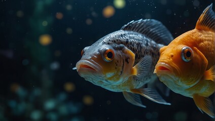 Close-up of a fish with his mouth and eyes wide open. Goldfish swimming in a aquarium representing aquatic, underwater life and wildlife.