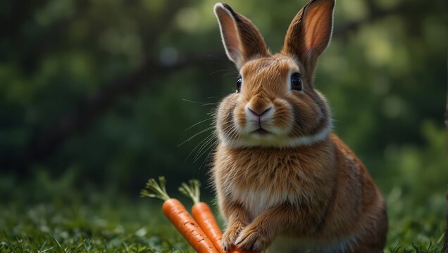 Charming rabbit with expressive eyes joyfully holding a fresh carrot, set against a serene green backdrop. Perfect for Easter, children's content, and healthy eating promotions.