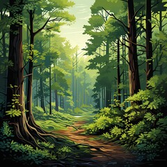 Lush green forest with path leading into the distance. Trees are tall, majestic, sunlight filters through leaves, create dappled pattern on ground