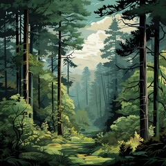 Create a digital painting of lush green forest with path leading into the distance. Make colors vibrant and light rays penetrating through the trees.