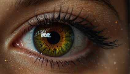 Intricate close-up of a hazel eye amidst vibrant paint streaks and detailed lashes, showcasing artistic expression and intense emotion in one frame.
