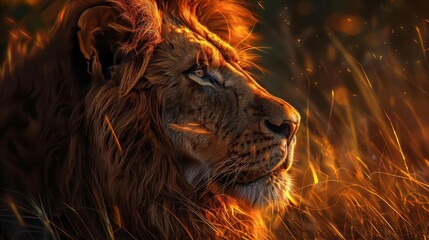 Naklejka premium pensive lion gazing into the distance majestic wildlife portrait powerful serenity introspective moment golden hour lighting photorealistic digital painting