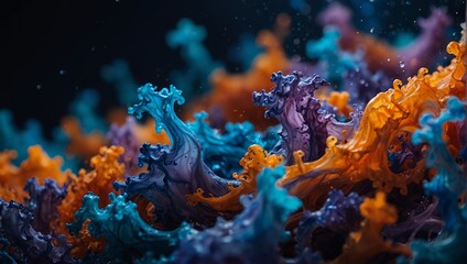 Obraz premium Mesmerizing swirls of orange, blue, and lavender inks create a vibrant abstract aquatic dreamscape.