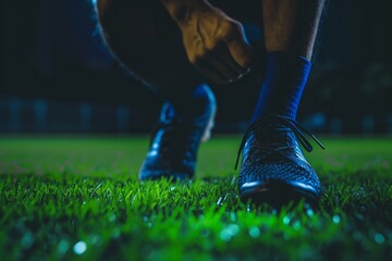 Soccer player tying shoe on grass field under night lighting