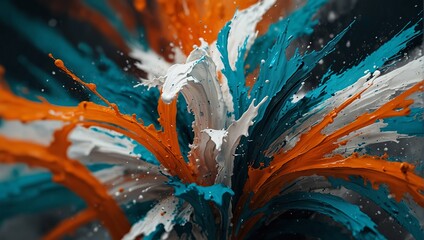 Vibrant abstract paint texture with bold orange, turquoise, and white strokes. Ideal for...