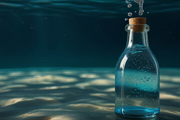 Submerged glass bottle in bubbling ocean water. Cool aquatic theme, perfect for beverage advertising and serene underwater photography.