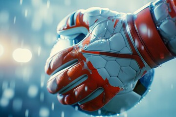 Soccer goalkeeper gloves in rain with blurred light background